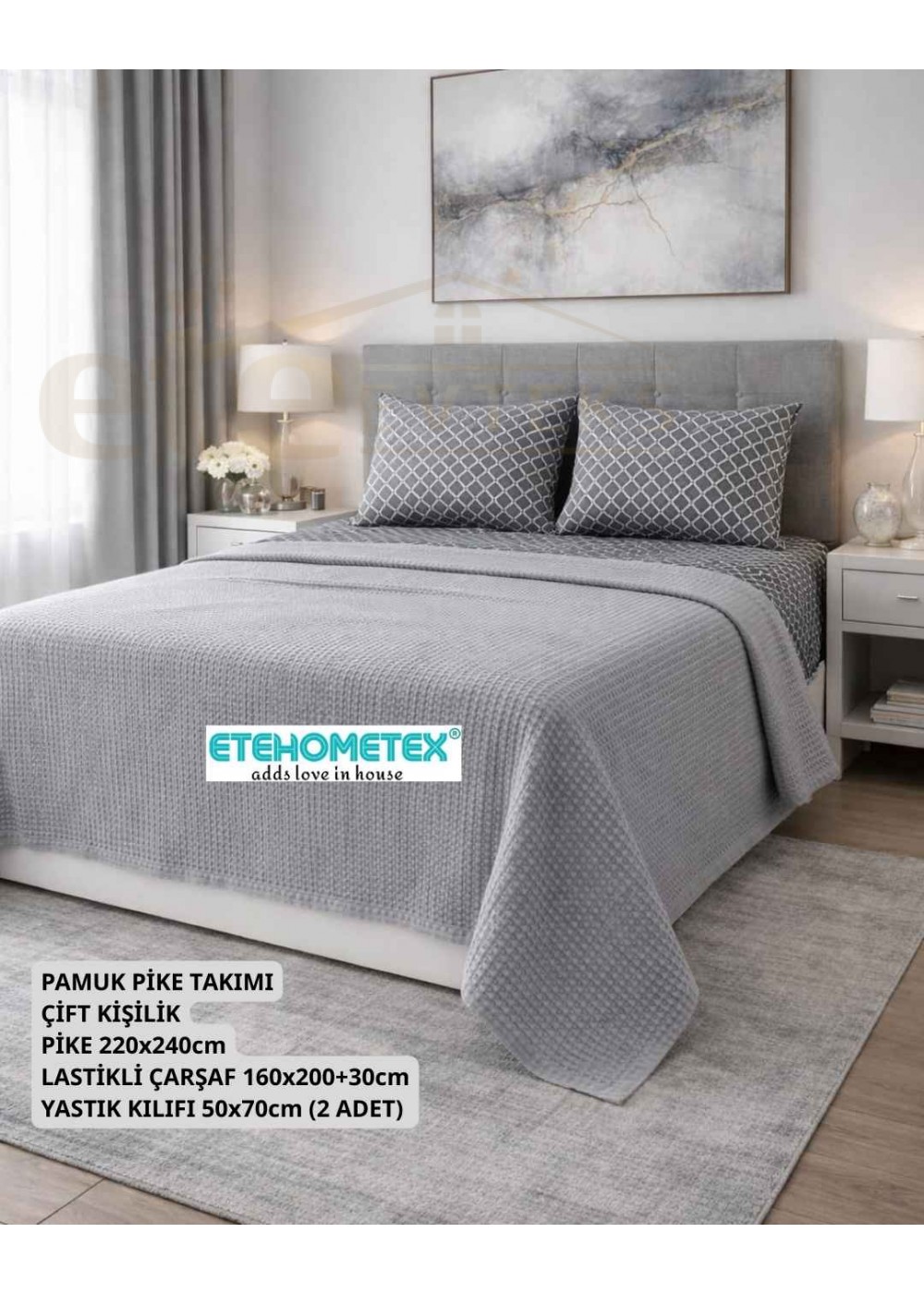 ETEHOMETEX ÇİFT KİŞİLİK %100 PAMUK HAVUZLU PİKE TAKIMI GRİ 8696474232075